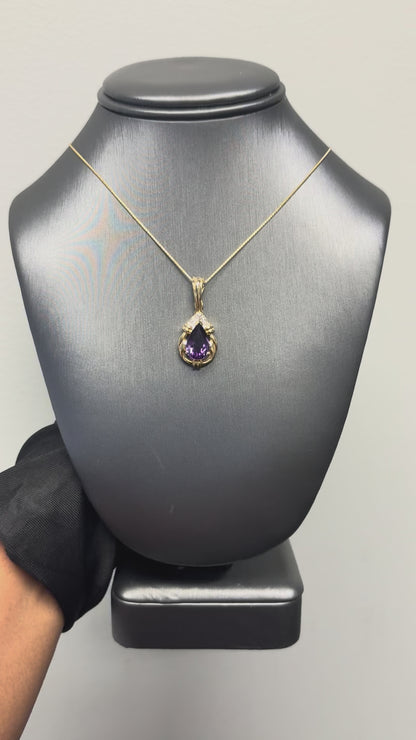 14k Yellow Gold Pear Shape Amethyst Pendant Necklace with Round Brilliant Diamonds