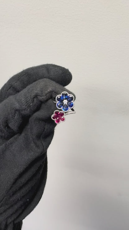 18k White Gold Multi-Stone Sapphire and Ruby Diamond Double Flower Ladies Ring