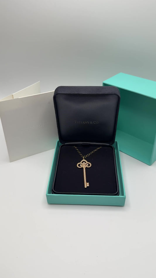 Tiffany &Co 18k Rose Gold Fleur de Lis Key 0.90ctw Diamond Pendant Necklace