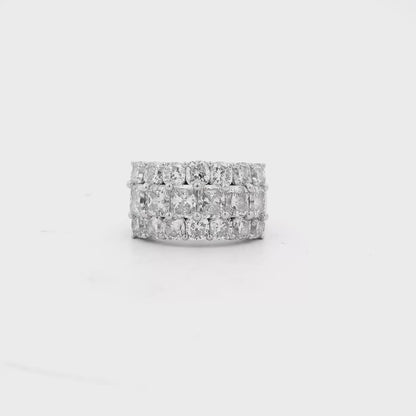 18k White Gold 5.86ctw Round Diamonds and Cushion Cut Three-Row Band