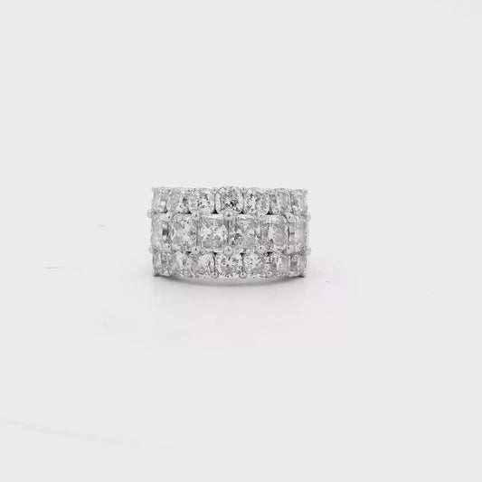 18k White Gold 5.86ctw Round Diamonds and Cushion Cut Three-Row Band
