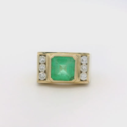 Vintage 14k Yellow Gold Square Cut Emerald and Diamond Ring