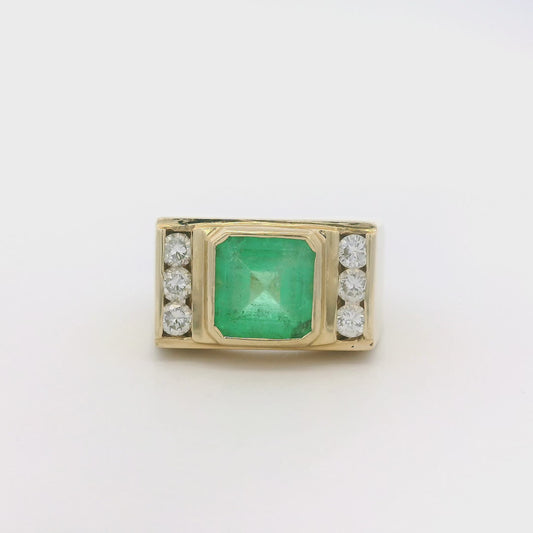 Vintage 14k Yellow Gold Square Cut Emerald and Diamond Ring
