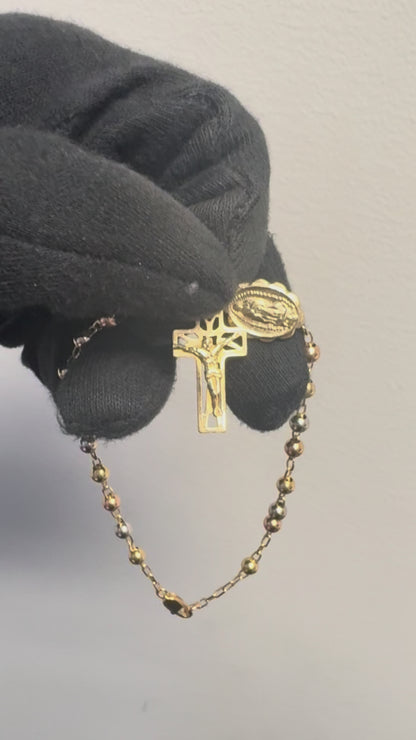 Vintage 14k Yellow Gold Rosary Bead Bracelet with Cross Jesus Pendant and Oval Mother of Mary Pendant