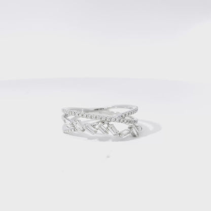 14k White Gold 0.33ct Baguette Cut and 0.11ct Pave-Set Round Brilliant Diamond in a Zigzag Ring
