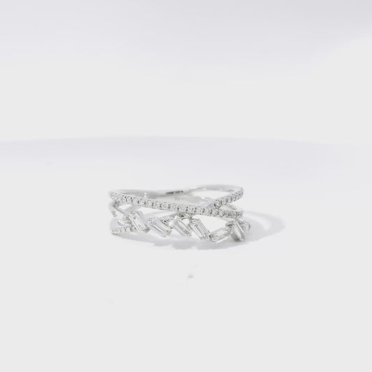 14k White Gold 0.33ct Baguette Cut and 0.11ct Pave-Set Round Brilliant Diamond in a Zigzag Ring