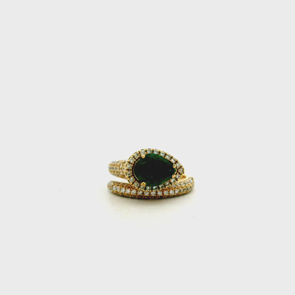 14k Yellow Gold 1.23ct Pear Cut Natural Emerald and 1.15ctw Diamond Halo Pavé Crossover Ring