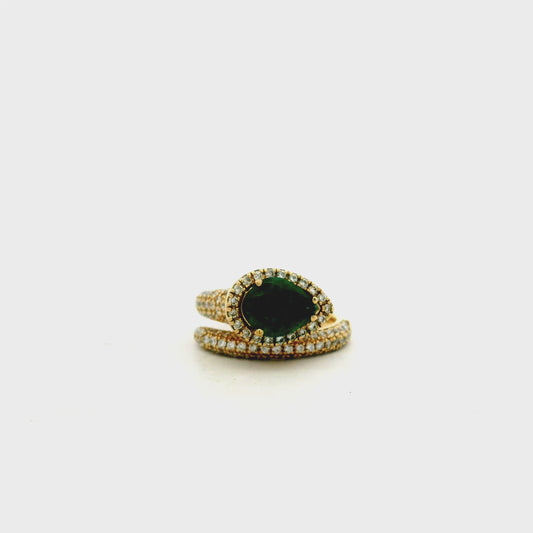 14k Yellow Gold 1.23ct Pear Cut Natural Emerald and 1.15ctw Diamond Halo Pavé Crossover Ring