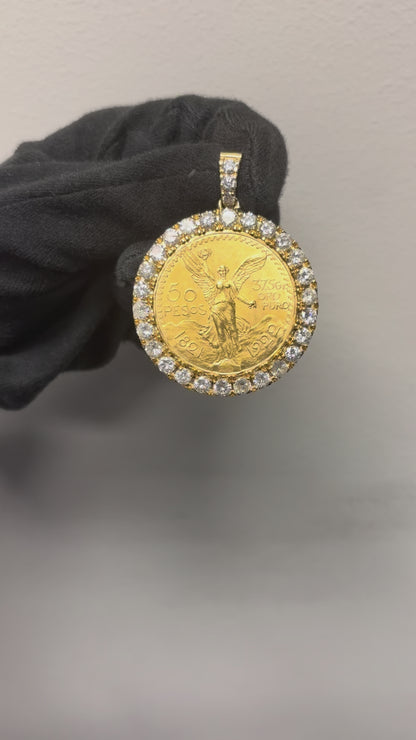 18k Yellow Gold Diamond Bezel Pendant with 1922 50 Peso 24k Gold Coin