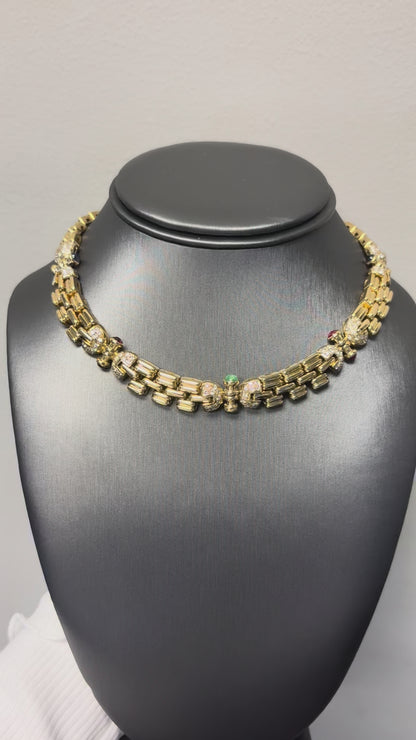 18k Yellow Gold Necklace with Cabochon Ruby Sapphire and Emeralds, Approximately 3ctw of Natural Diamonds