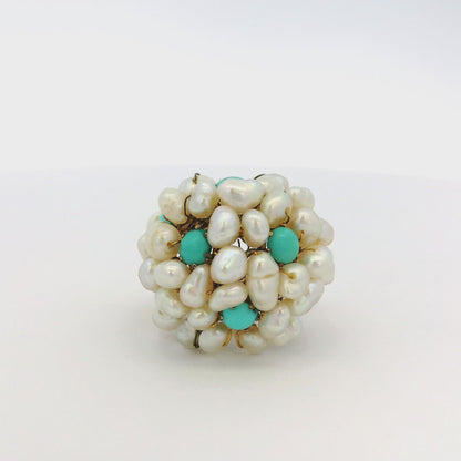 14k & 18k Yellow Gold Freshwater Pearl and Turquoise Cluster Ring