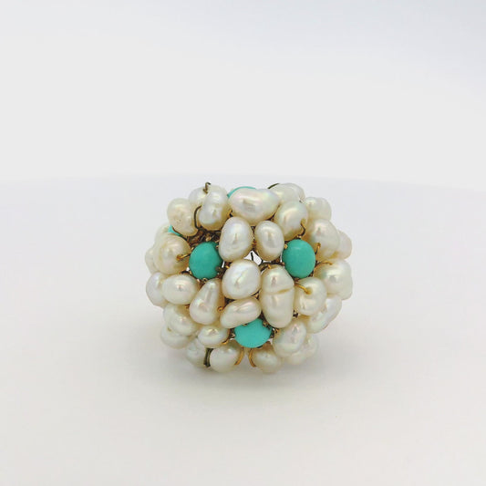 14k & 18k Yellow Gold Freshwater Pearl and Turquoise Cluster Ring