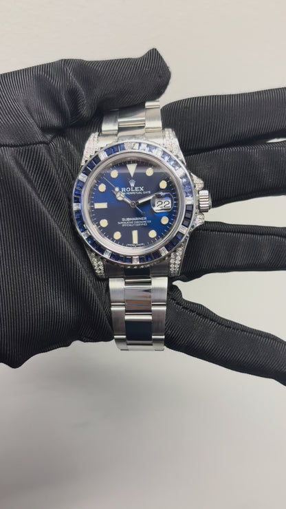 Rolex 116610 Submariner Watch with Aftermarket Blue Sapphires & Diamonds