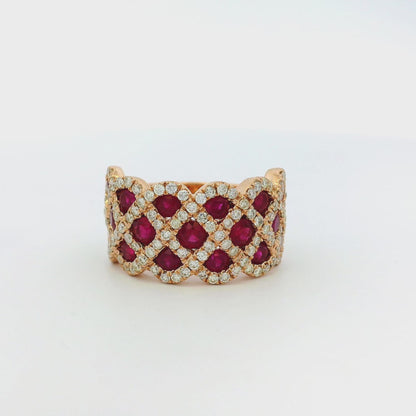 14k Rose Gold 2.18ctw Ruby and 0.95ctw Natural Round Brilliant Diamond Criss Cross Ring