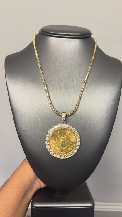 18k Yellow Gold Diamond Bezel Pendant with 1922 50 Peso 24k Gold Coin on a 14k Yellow Gold Tennis Necklace