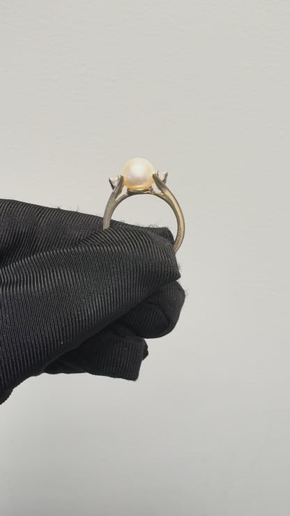 Vintage 14k Yellow Gold Pearl and Diamond Ring