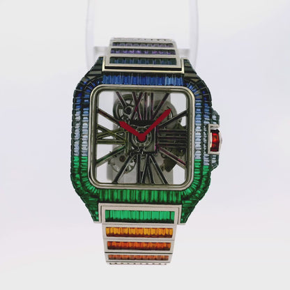 Cartier Santos 3273 18k White Gold Aftermarket Rainbow Skeleton Watch