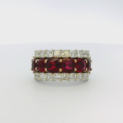 18k White and Yellow Gold 3 Row 4.85ctw Ruby and 2.96ctw Natural Asscher Cut Diamond Ring Wide Band
