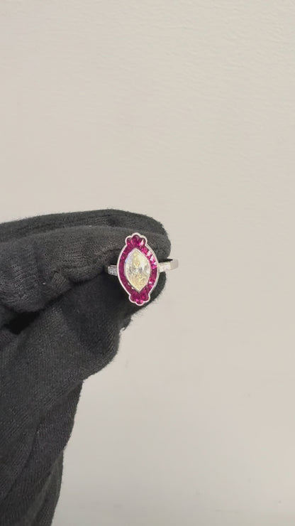 0.98 Carat Light Yellow Marquise Cut Diamond Platinum Ruby Engagement Ring