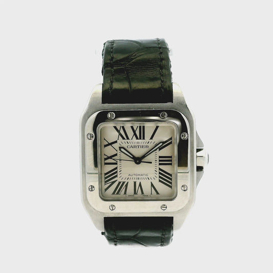 Cartier Santos 2878 Roman Numeral Black Strap Stainless Steel Watch