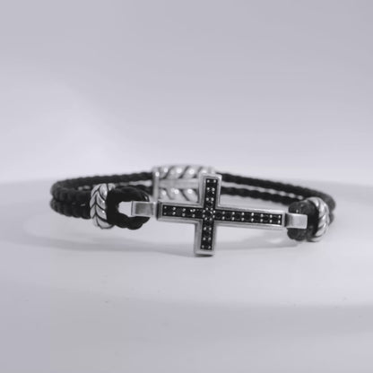 David Yurman Sterling Silver Cross Station Leather Bracelet