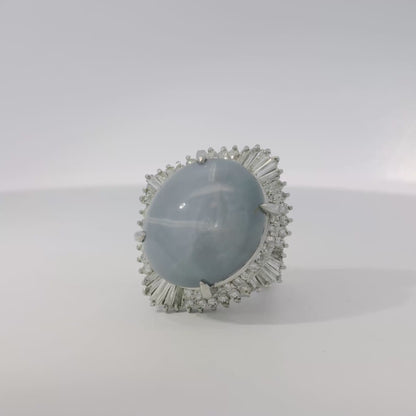 Platinum 46.44ct Sapphire Star accented by 1.52ct Round Brilliant and Baguette Diamond Ring