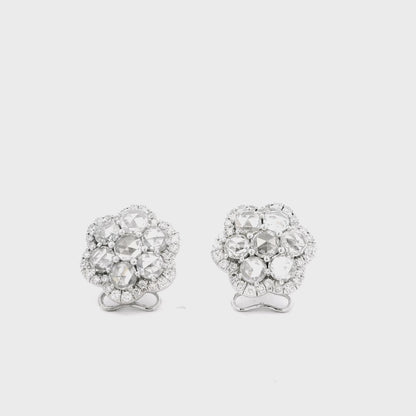 14k White Gold 3.60ctw Old Cut Natural Diamond Flower Cluster Button Earrings