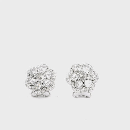14k White Gold 3.60ctw Old Cut Natural Diamond Flower Cluster Button Earrings