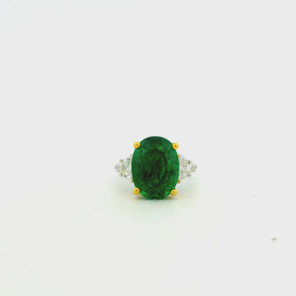 18k Two-Tone Gold 8.00ct Oval Cut Natural Emerald and 0.38ctw Diamond Ring