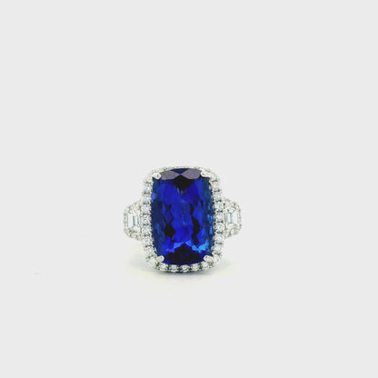 Platinum 9.35ct Cushion Cut Tanzanite and Diamond Halo Cocktail Ring