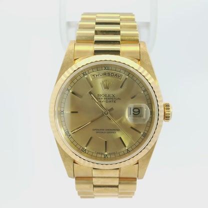 Rolex 18238 18k Yellow Gold Fluted Bezel 36mm Champagne Dial Watch