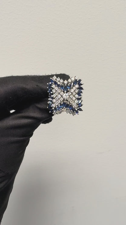 14k White Gold Natural Diamond and Blue Sapphire Cocktail Ring