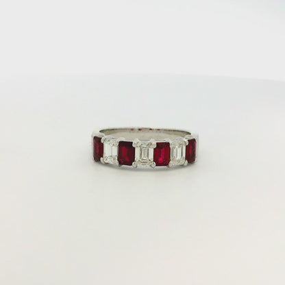 14k White Gold 1.65ctw Natural Emerald Cut Diamond and Ruby Ring