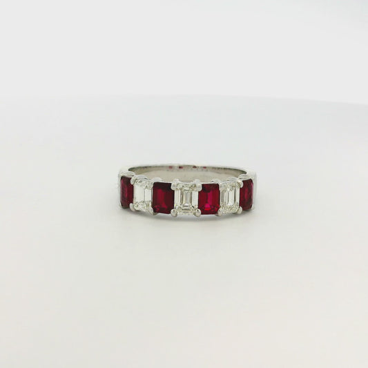 14k White Gold 1.65ctw Natural Emerald Cut Diamond and Ruby Ring