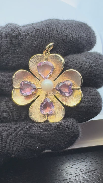 14K Yellow Gold Amethyst and Pearl Clover Pendant