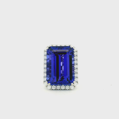 18k White Gold 34.72ct Emerald Cut Tanzanite and 2.26ctw Diamond Halo Cocktail Ring