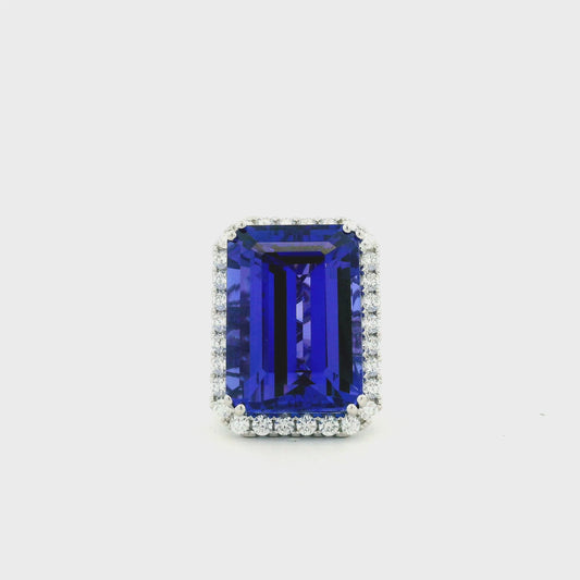 18k White Gold 34.72ct Emerald Cut Tanzanite and 2.26ctw Diamond Halo Cocktail Ring