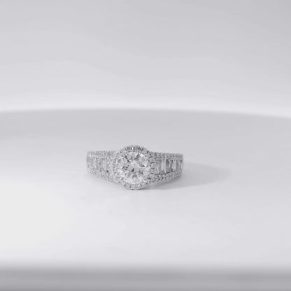 18k White Gold 1.00ctw Round Brilliant Natural Diamond Halo and Baguette-Cut Ring