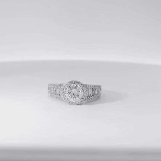 18k White Gold 1.00ctw Round Brilliant Natural Diamond Halo and Baguette-Cut Ring