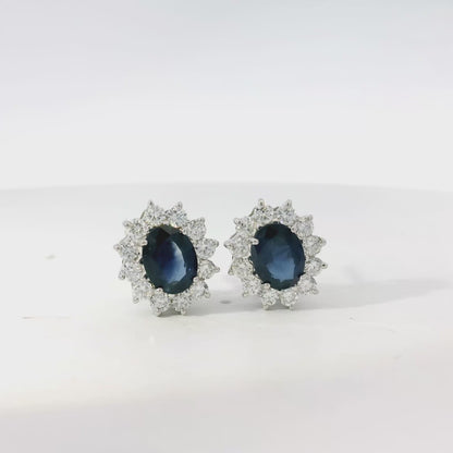 14k White Gold 2.90ctw Oval Cut Sapphire and 1.25ctw Round Diamond Earrings