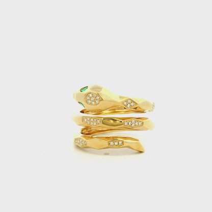 14k Yellow Gold 0.15ct Round Brilliant Diamond and 0.07ct Emerald Cut Diamond Snake Wrap Ring
