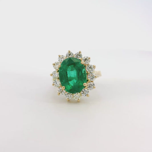 14k Yellow Gold GAL Certified 5.60ct Oval Cut Emerald and 1.35ctw Round Diamond Ring