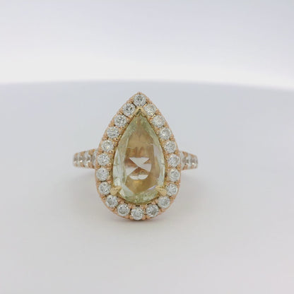 Henri Daussi 18k Rose Gold 2.02ct Fancy Light Yellow Rose Cut Pear Shape Diamond Engagement Ring