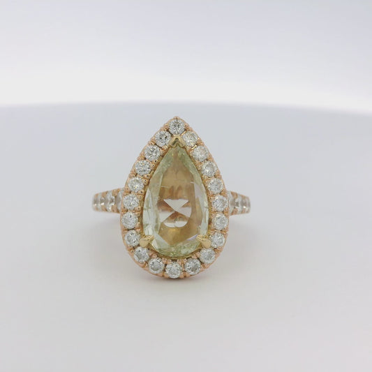 Henri Daussi 18k Rose Gold 2.02ct Fancy Light Yellow Rose Cut Pear Shape Diamond Engagement Ring