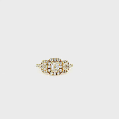 18k Yellow Gold 0.68ct Three-Stone Emerald Cut Surrounded by 0.56ct Round Brilliant Diamond Ring