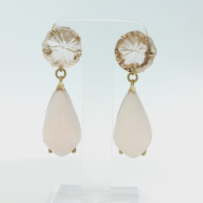 Vintage 14k Yellow Gold Rose White Quartz Dangle Earrings