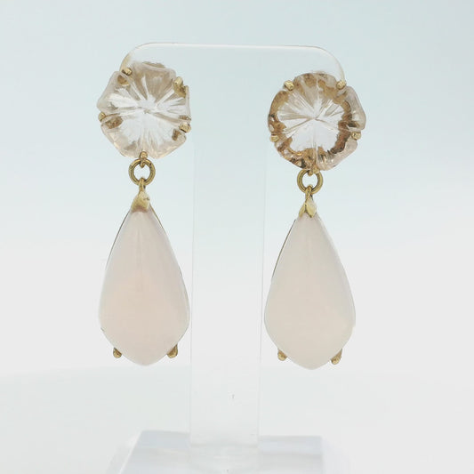 Vintage 14k Yellow Gold Rose White Quartz Dangle Earrings