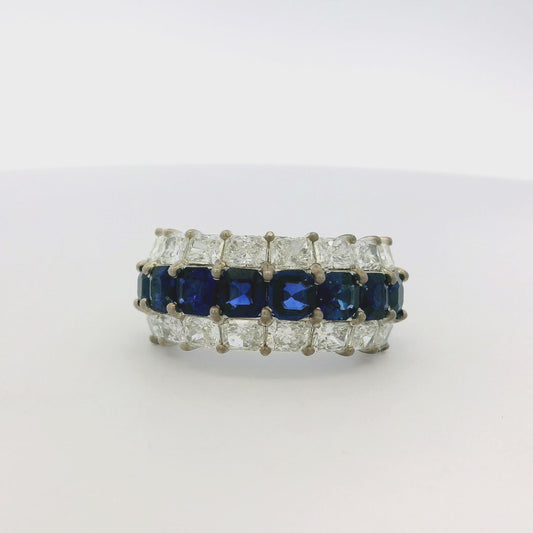 18k White Gold Natural Emerald Sapphire & Natural Radiant Diamond Three Row Wide Ring