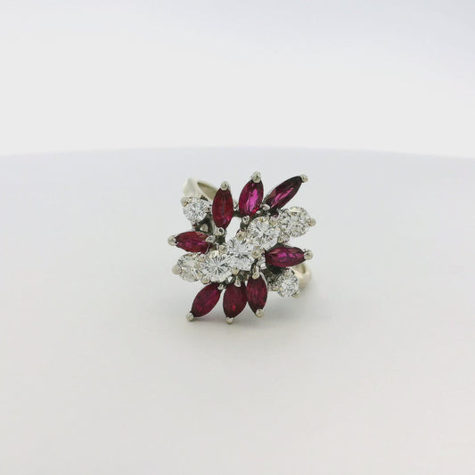 14k White Gold 0.77ctw Diamond Red Gemstone Cluster Ring