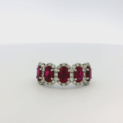 18k White Gold Oval Ruby With Diamond Halo Five Stone Ring